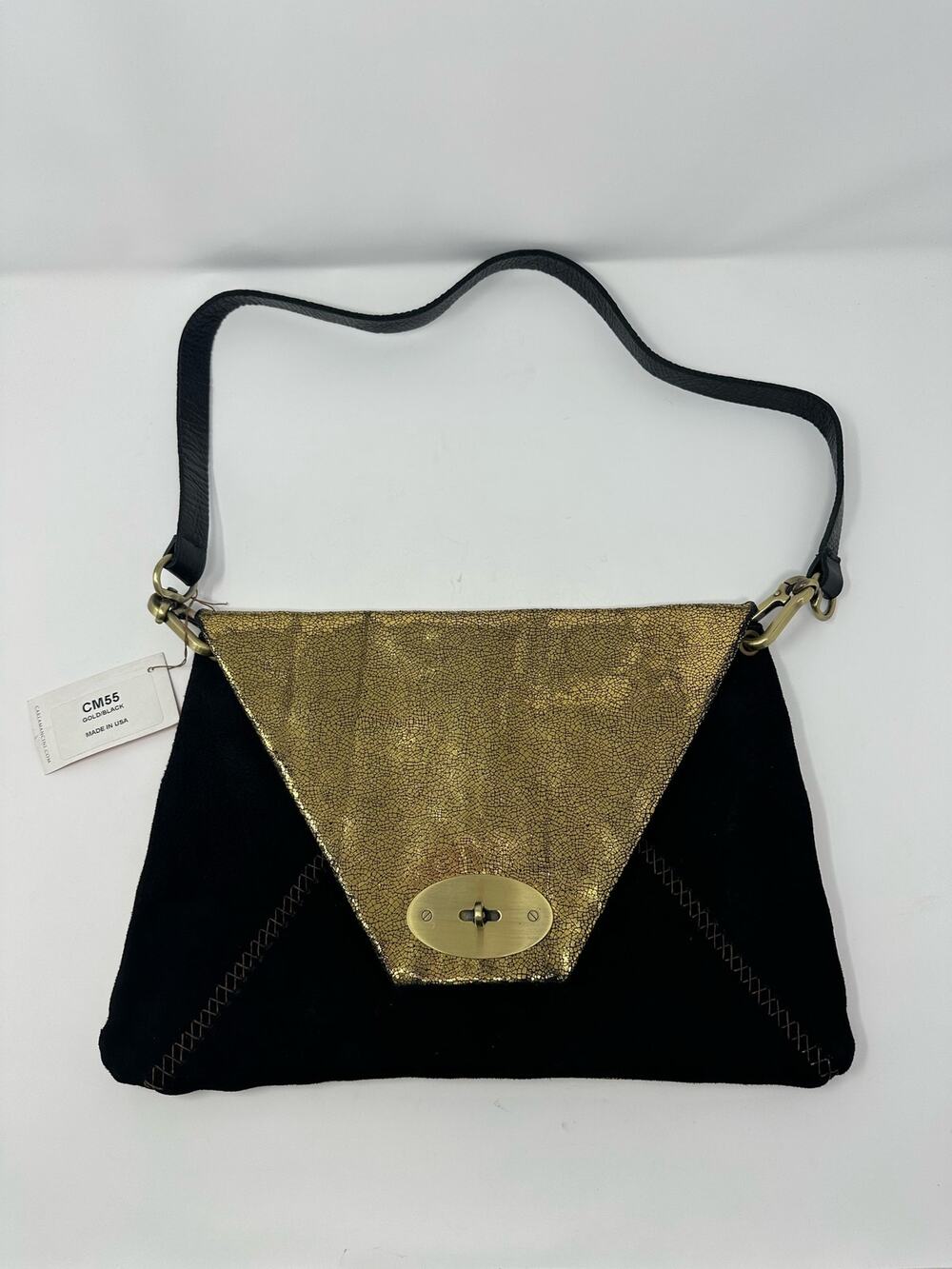 CARLA MANCINI NWT Lily Black Suede Gold Metallic Flap Over Envelope Bag Purse